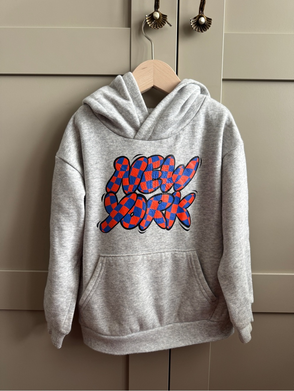 Kids Grey Hoodie with Orange & Blue Checker Graphic New York NY H&M
